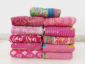 Indian Handmade Kantha Quilt Pink Throw Reversible 1 pc Bedspread Vintage Cotton - Picture 1 of 2