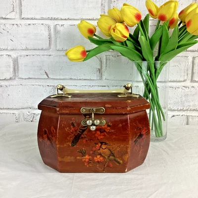 Cartera de madera octágona vintage con espejo decoupage motivo pájaro perla mango lucite Foto 1 de 4