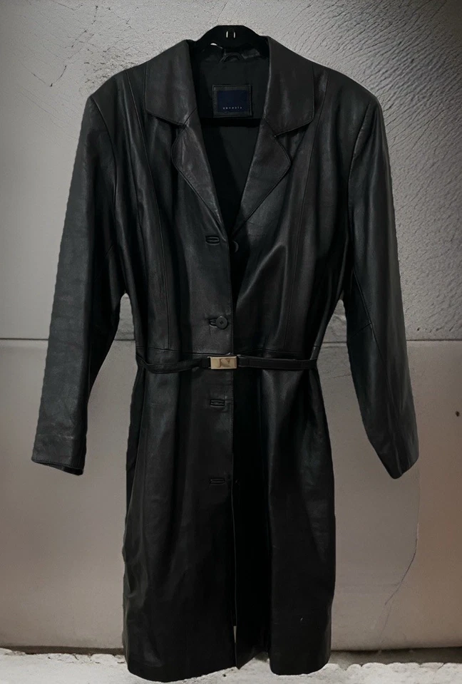 复古 Y2K Venezia L 黑色皮革外套纽扣腰带 Maxi Chic 大衣 — 第 1/4 张图片