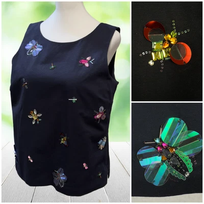 Top TALBOTS para mujer 12 cuentas a mano insectos insectos mariposas faille forrado azul Foto 1 de 4