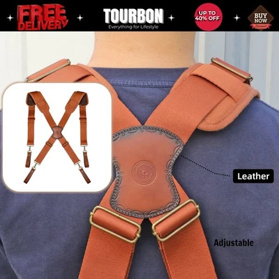 TOURBON Adjusted Tool Belt Suspenders- Leather Cross Patch-Padded Shoulder Strap - Image 1 of 4