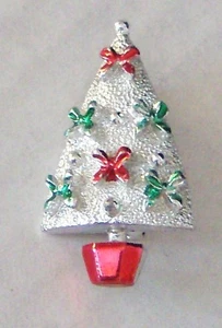 Vtg Enameled & Textured Christmas Tree Pin Brooch Silver Tone Red Green Bows Pot - Picture 1 of 3