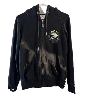 Moletom com capuz Roxy Y2K anos 90 zíper completo forrado Sherpa preto tamanho grande grunge esmagado  - Imagem 1 de 4