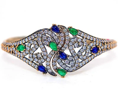 Brazalete de plata de ley 925 con esmeralda y topacio tratado estilo Imperio Otomano de 6 quilates  Foto 1 de 3