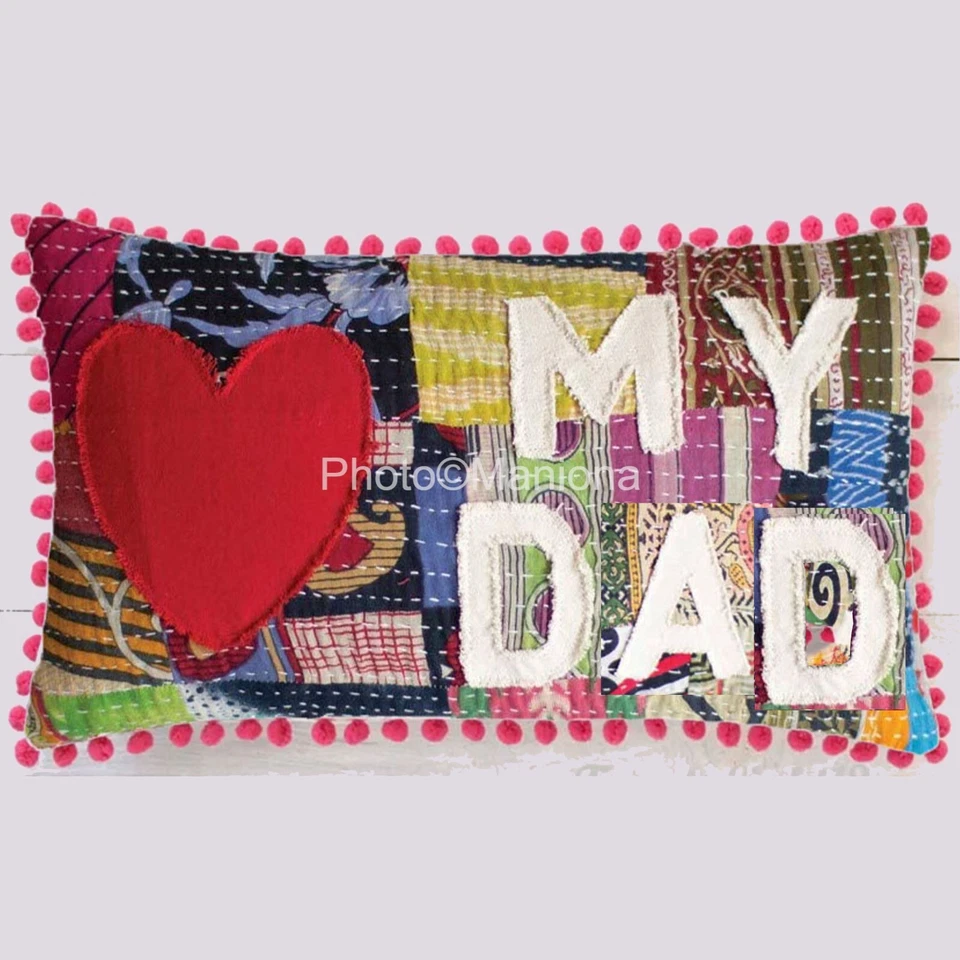 Love My Dad Soft Patchwork Kantha Throw Pillow cover  multi 2 pc cushion Tassel - Image 1 of 1