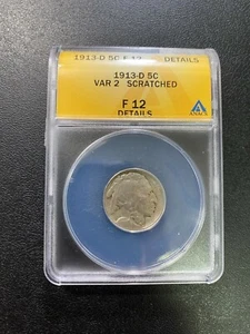1913 D BUFFALO NICKEL ANACS F-12 DETAILS - TYPE 2 - BETTER DATE - CERTIFIED - 5C - Picture 1 of 2