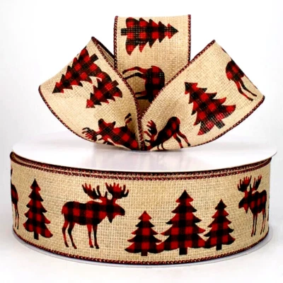 Red Buffalo Plaid Deer Trees 2.5" by 2 yd Faux Burlap Wire Ribbon Country Winter - Image 1 of 4