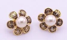 Vintage Spanish Damascene Faux Pearl Flower Clip On Earrings