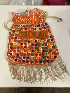 Vintage 60-70s Plastic Dot Bead Bag Hong Kong Drawstring Fringe Orange Florida - Picture 1 of 8