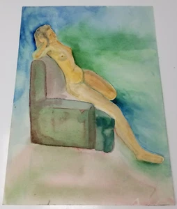 Nude Woman Reclining in Chair Watercolor 1978 Long Hair Content Face 1970s - Picture 1 of 9