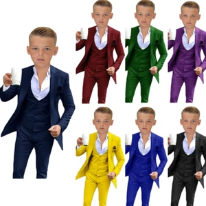 Boys Suit 3 Piece Formal Kids Tuxedo Wedding Ring Bearer Outfit Blazer Pant Vest - Picture 1 of 28