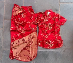 Red and Gold traditional floral printed chinese 80% silk top and dress set - Picture 1 of 10