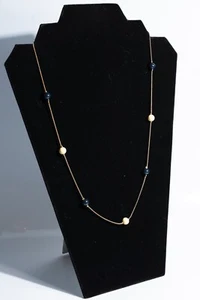 Goldtone Necklace w/ Round Blue & White Faux Pearl Beads 24" - Picture 1 of 4