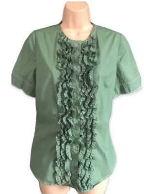 Club Monaco Top Blouse Green Office Ruffle old money button M Uk 12 10 - Image 1 of 4