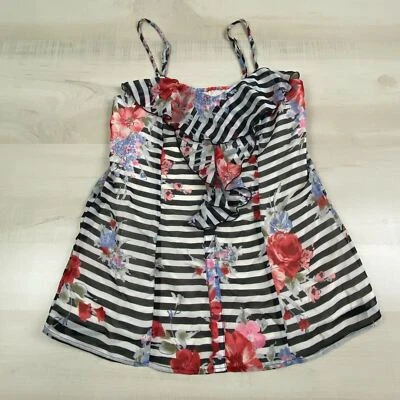 Nueva camiseta sin mangas Xhilaration para mujer pequeña negra blanca a rayas florales con volantes Foto 1 de 4