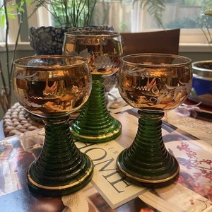 Germany Beckum Etched Grapevine Gold Wine Glasses Green Beehive Stem 3 Goblets - Picture 1 of 13