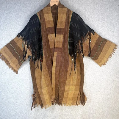Boho Kimono Women's Brown Black Striped Fringe Beaded Open Front Jacket Handmade - Image 1 of 4
