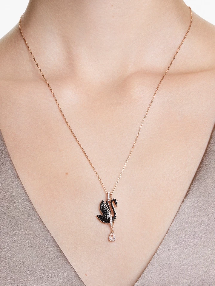 Swarovski Swan Pendant Necklace Black Rose Gold-Tone Plated 5678045 (#E2-D3)