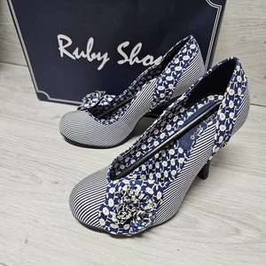 Scarpe corte Ruby Shoo Maisie NUOVE blu e bianche a righe floreali taglia UK 3 EU 36 nuove con scatola - Foto 1 di 13
