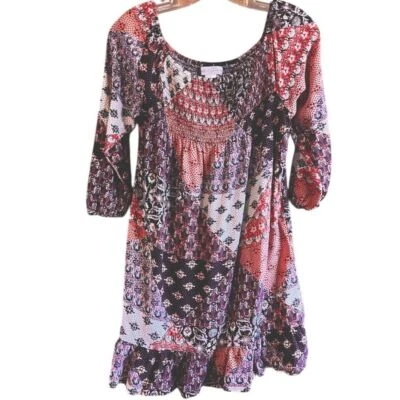 Mini Vestido Band of Gypsies Boho Floral Patchwork Calado Campesino Rojo Púrpura S Foto 1 de 4