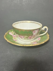 Antico set tazze e piattini Elite Works Limoges verde con rose rosa fine Cina - Foto 1 di 7