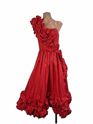 Vestido de formatura vintage anos 80 tamanho 5 um ombro ajuste roseta alargamento inchado vestido formal de festa - Imagem 1 de 4