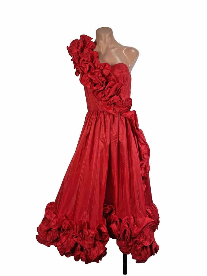Vtg 80s Prom Gown Sz 5 One Shoulder Rosette Fit Flare Puffy Party Formal Dress - Image 1 of 4
