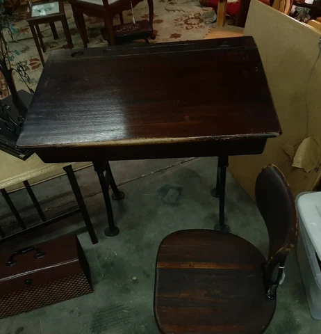 Antique Childs School Desk With Adjustable desk and chair height Cover