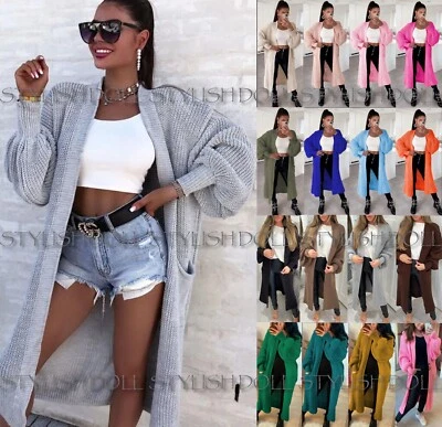 Women Chunky Knitted Oversized Cardigan Ladies Balloon Sleeve Long Maxi Cardigan - Image 1 of 2