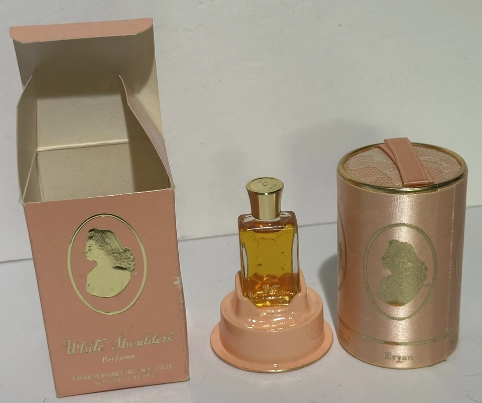 罕见复古 20 世纪 70 年代白色肩膀 Evyan 香水 7.4 毫升。 1/4 盎司 瓶装带盒 NOS — 第 1/4 张图片