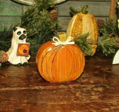 Prim Antique Vtg Style Thanksgiving Halloween Distressed Resin Farm 3" Pumpkin - Image 1 of 4