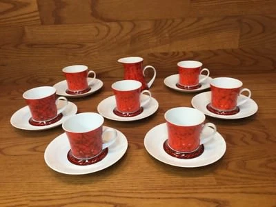 Block China Bidasoa Spain Flamenco Red Creamer & 7/S Demitasse Cups & Saucers  - Image 1 of 4