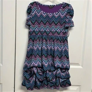My Michelle Purple Blue Zig Zag Print Pleated Ruffle Stretch Dress Child Size 12 - Picture 1 of 5