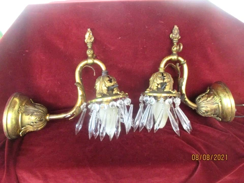 Antique solid brass Art Nouveau Pair Of Wall Sconce  with crystal prisms Cover