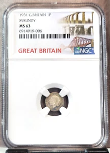 1931 GREAT BRITAIN SILVER 1 PENCE GEORGE V MAUNDY NGC MS 63 SCARCE COIN - Picture 1 of 3