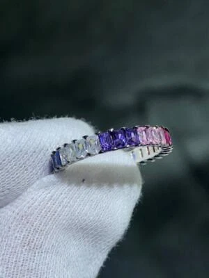 Platino Argento Sterling Arcobaleno Zaffiro Baguette Taglio Eternity Fedina 5.5 - Immagine 1 di 4