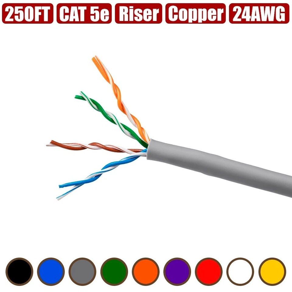 250FT Cat5e Network LAN Ethernet UTP Cable Cord CMR Riser Copper Solid Bulk Wire - Image 1 of 1