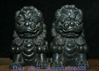 Rare Old China Black Ebony Wood Carved Feng Shui Foo Fu Lion Beast Statue Pair