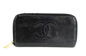 CHANEL Caviar Black Leather Round Zip Long Wallet Purse Vintage Italy Used - Picture 1 of 24