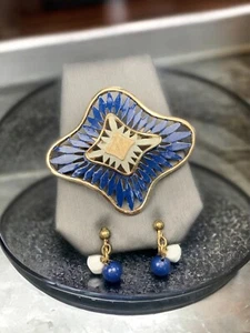 50er Jahre signiert Traditionen Vintage Anstecknadel Brosche Clip Ohrringe Set blau Emaille - Bild 1 von 11