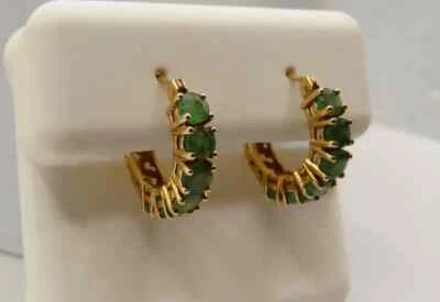 Estate Jewelry 1.0Ct Natural Emerald Hoop Earrings 14k Yellow Gold Plated - Image 1 of 4