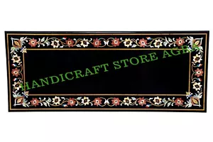 Black Marble Coffee Table Top Semi Precious Stones Inlay Work Dining Table Top - Picture 1 of 8