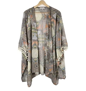 Umgee Kimono Poncho Womens 1XL Gray Geometric Boho Swim Cover festival Beach - Picture 1 of 8