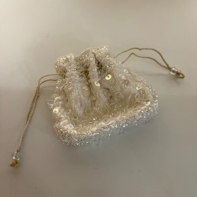 Белый бисером блестки атласный шнурок мешок вечер сумка оригинальной коробке винтажный - Изображение 1 из 4