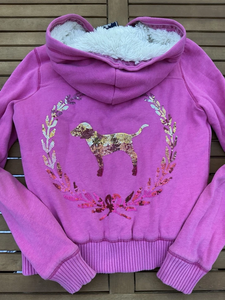 Chaqueta Abrigo Victoria Secret Rosa Y2K Piel Sintética Forrada Bling Lentejuelas Perro Foto 1 de 4