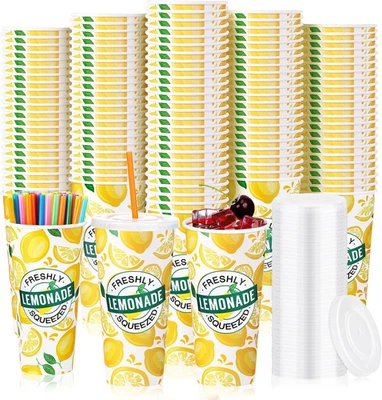 300 Piezas/100 Juegos Tazas de Limonada con Tapas y Pajitas Tazas Desechables para Fiesta Foto 1 de 4