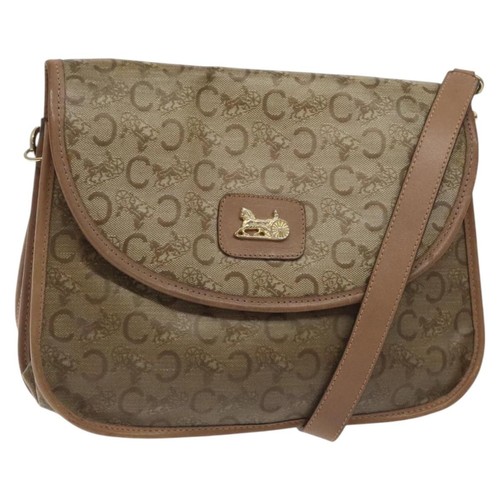 Borsa a tracolla CELINE C Sulky rivestita in tela beige oro Auth 121230