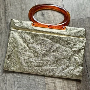 Vintage 1960s Gold Lame`Envelope Snap Fold Bag Lucite Tortoise Shell Handle MCM - Picture 1 of 6