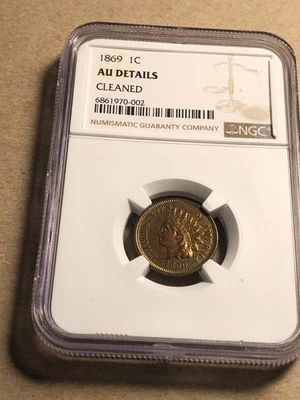 1869/69 NGC AU cleaned Indian Head cent penny - Image 1 of 4