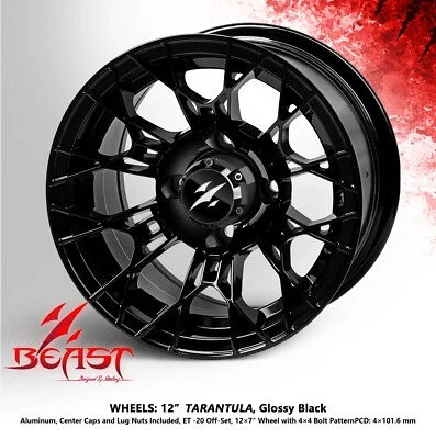SET OF 4 GOLF CART 12"x7" 'TARANTULA' (BEAST) BLACK ALUMINUM OFFSET WHEELS/RIMS Foto 1 de 2